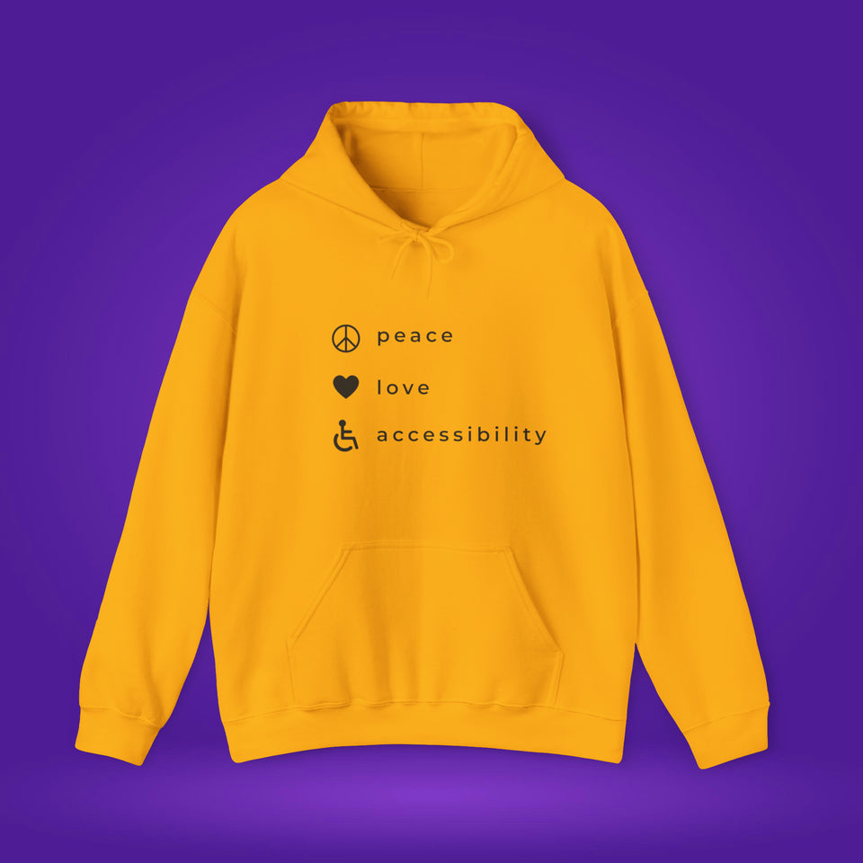 Peace, love and accessibility hoodie