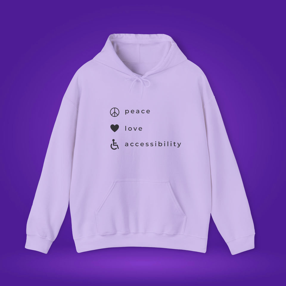 Peace, love and accessibility hoodie