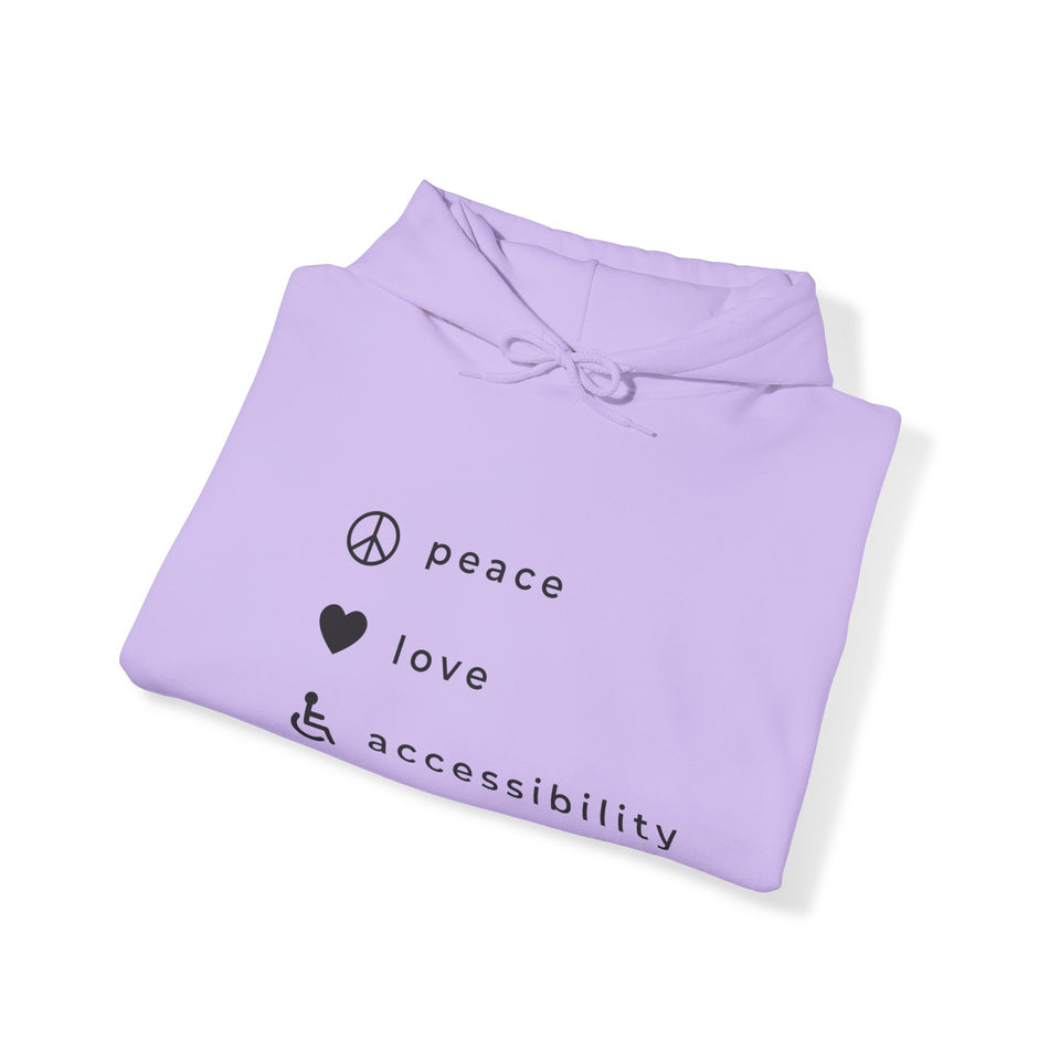 Peace, love and accessibility hoodie