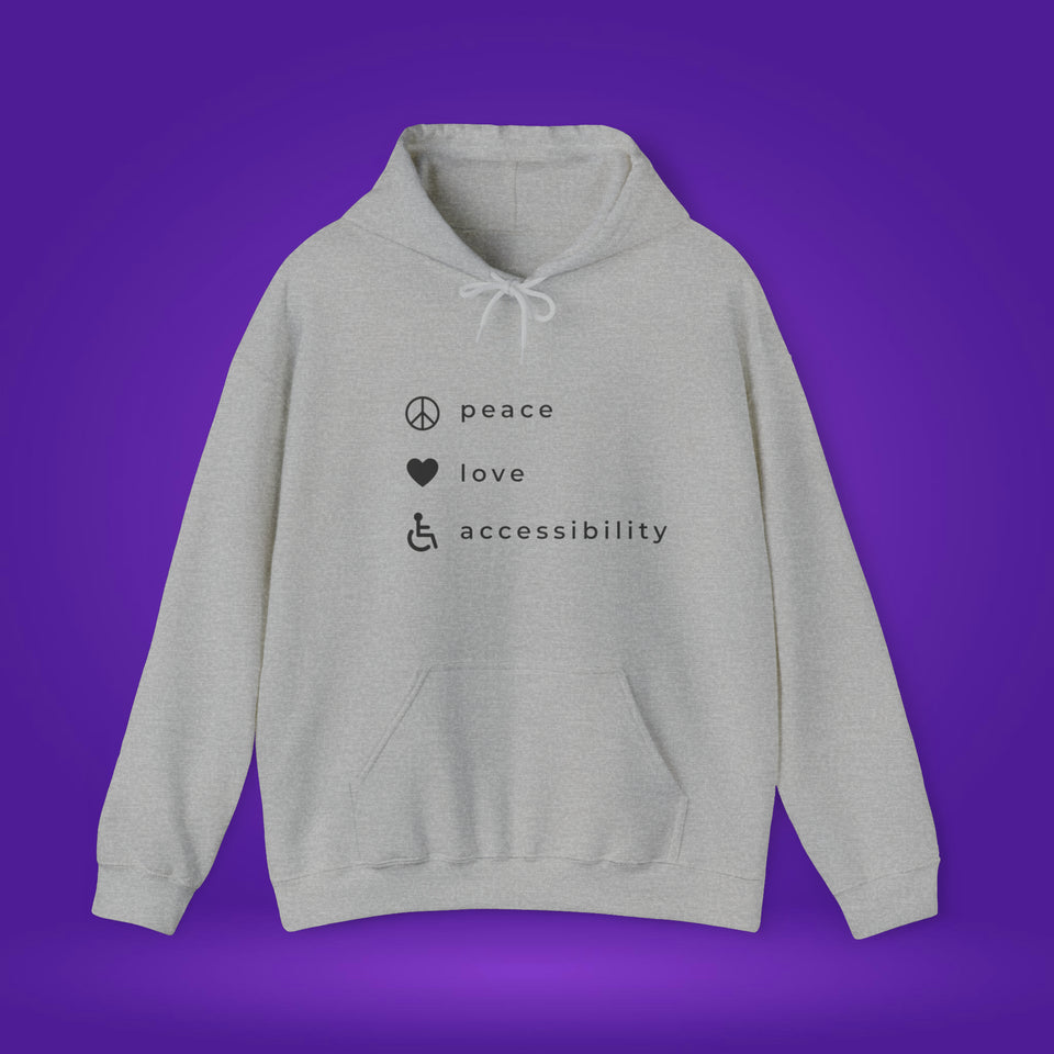 Peace, love and accessibility hoodie