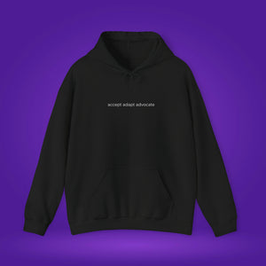 accept adapt advocate hoodie with this is me back logo