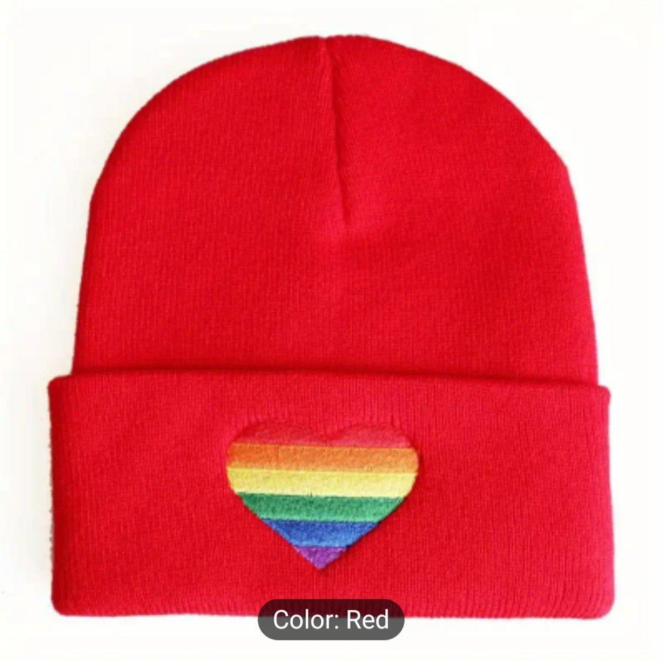 LGBT Rainbow heart beanie hat - Red