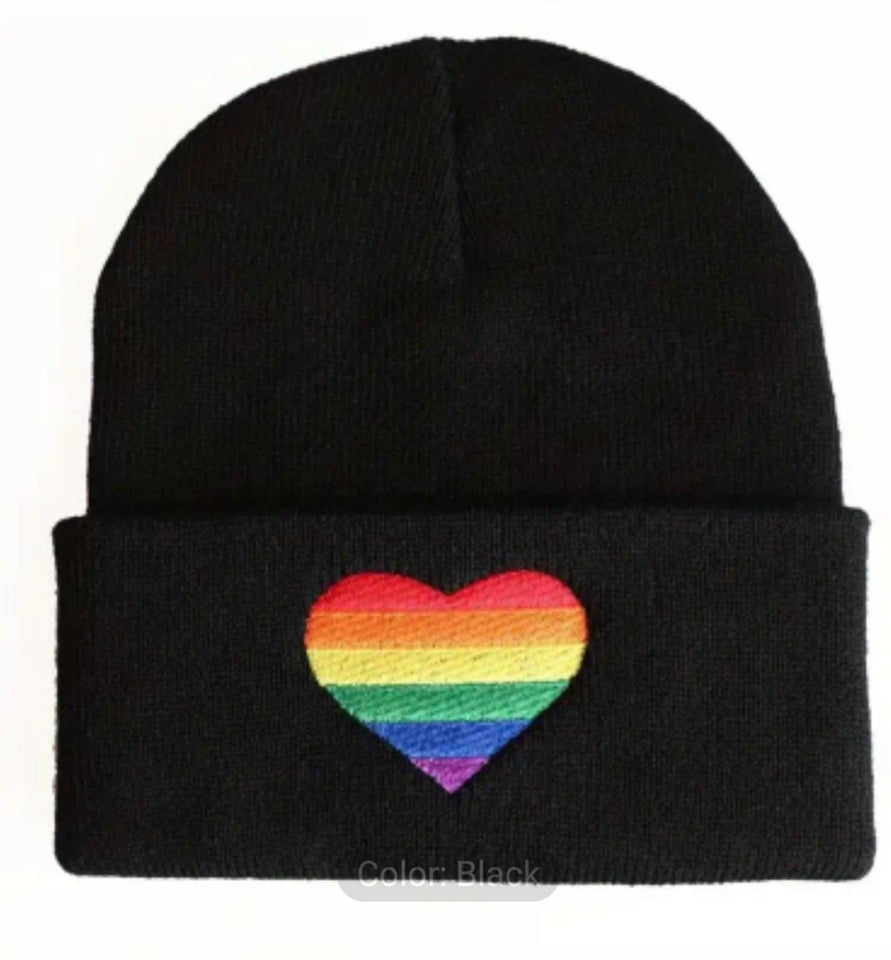 LGBT rainbow heart beanie hat -black